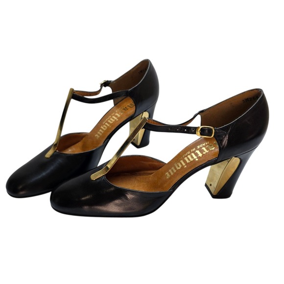 Martinique Women's Black Leather Heels Made In Spain Size 7.5 New Gold Classic - Picture 1 of 10